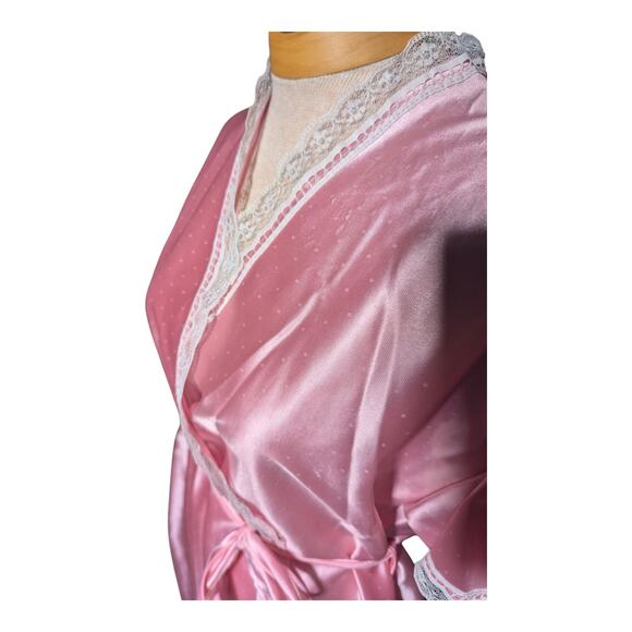 Vtg 1980s Denise Bubblegum Pink Satin Dot Textured Short Sleeve Lace Trim Robe M - Picture 4 of 6